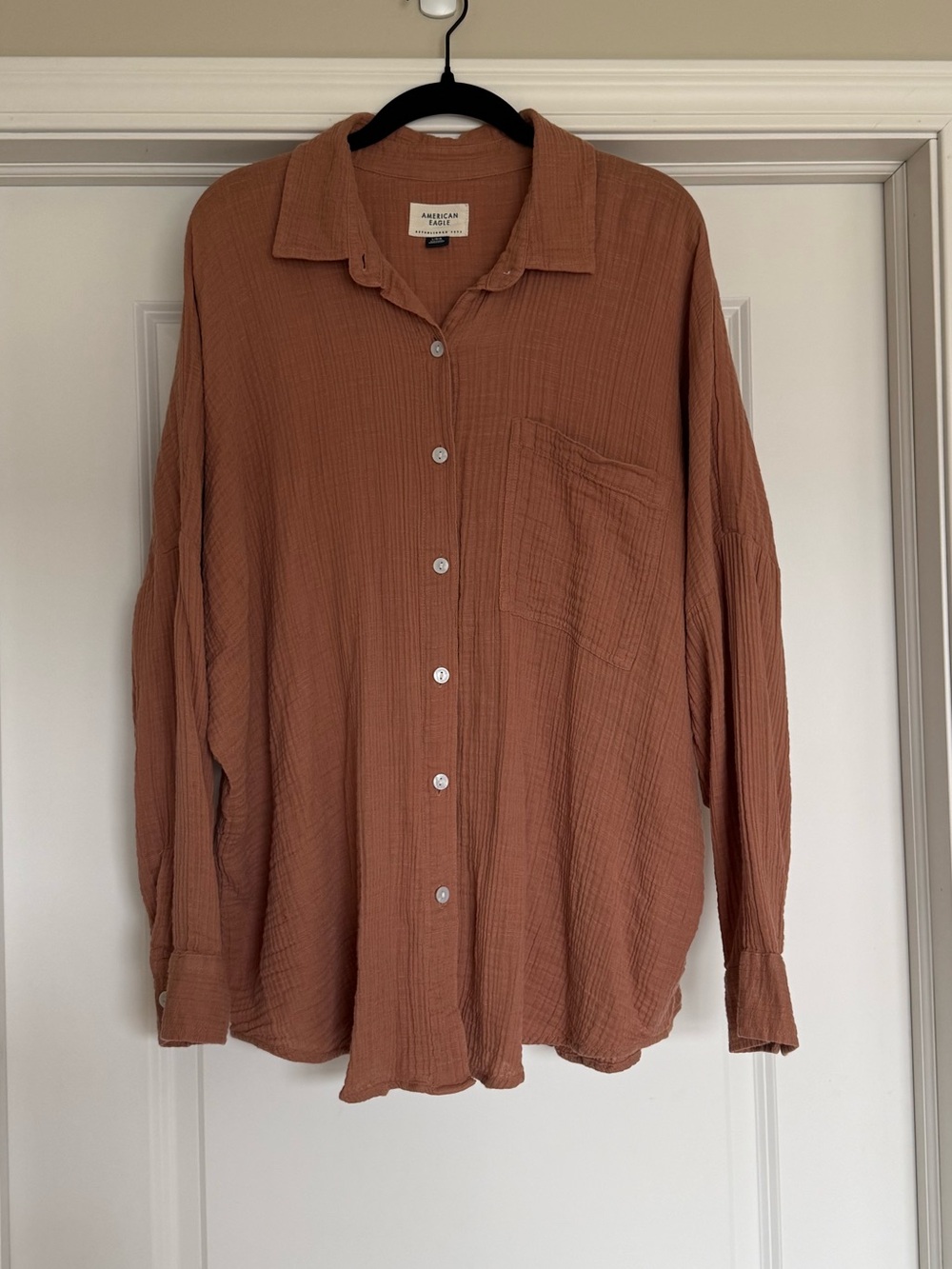 American Eagle Go Big Oversized Gauzy Shirt in Bronze | L - Picture 2 of 8